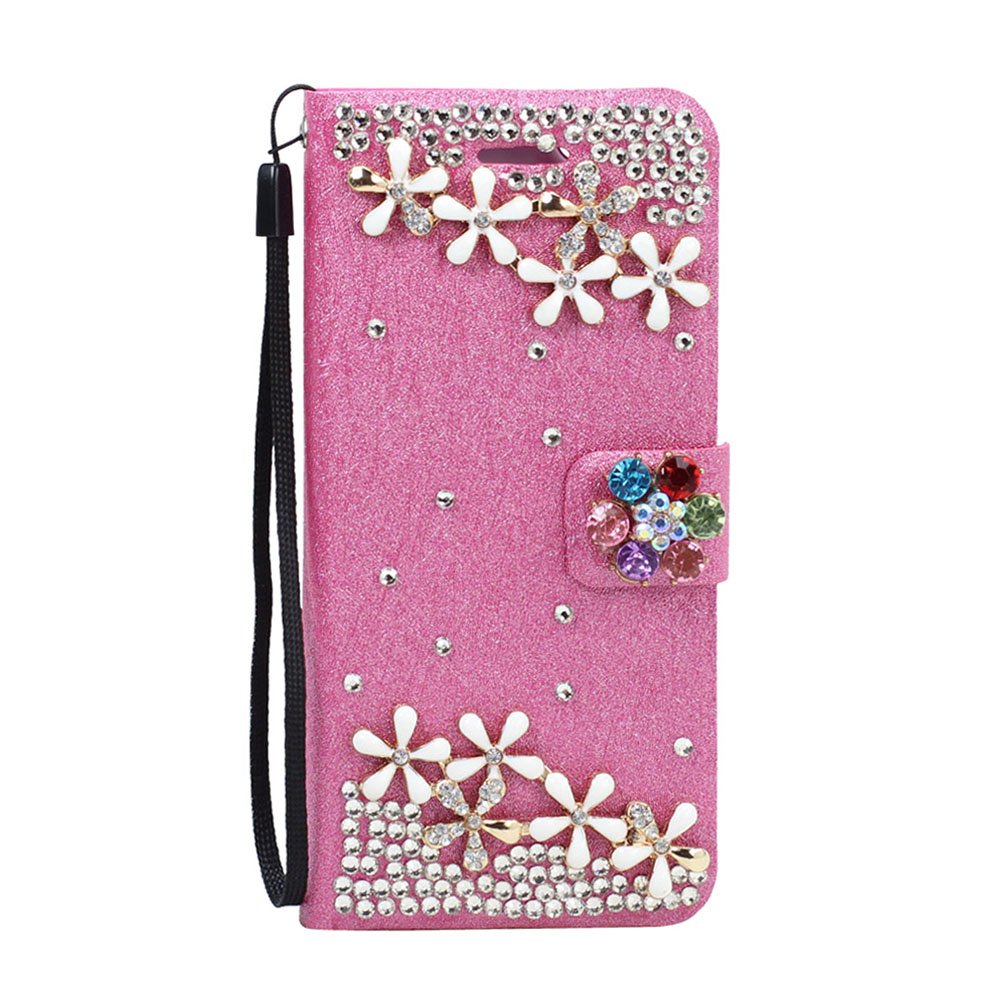 Wholesale Galaxy S6 Crystal Flip Leather Wallet Case with Strap (Rainbow Flower Hot Pink)