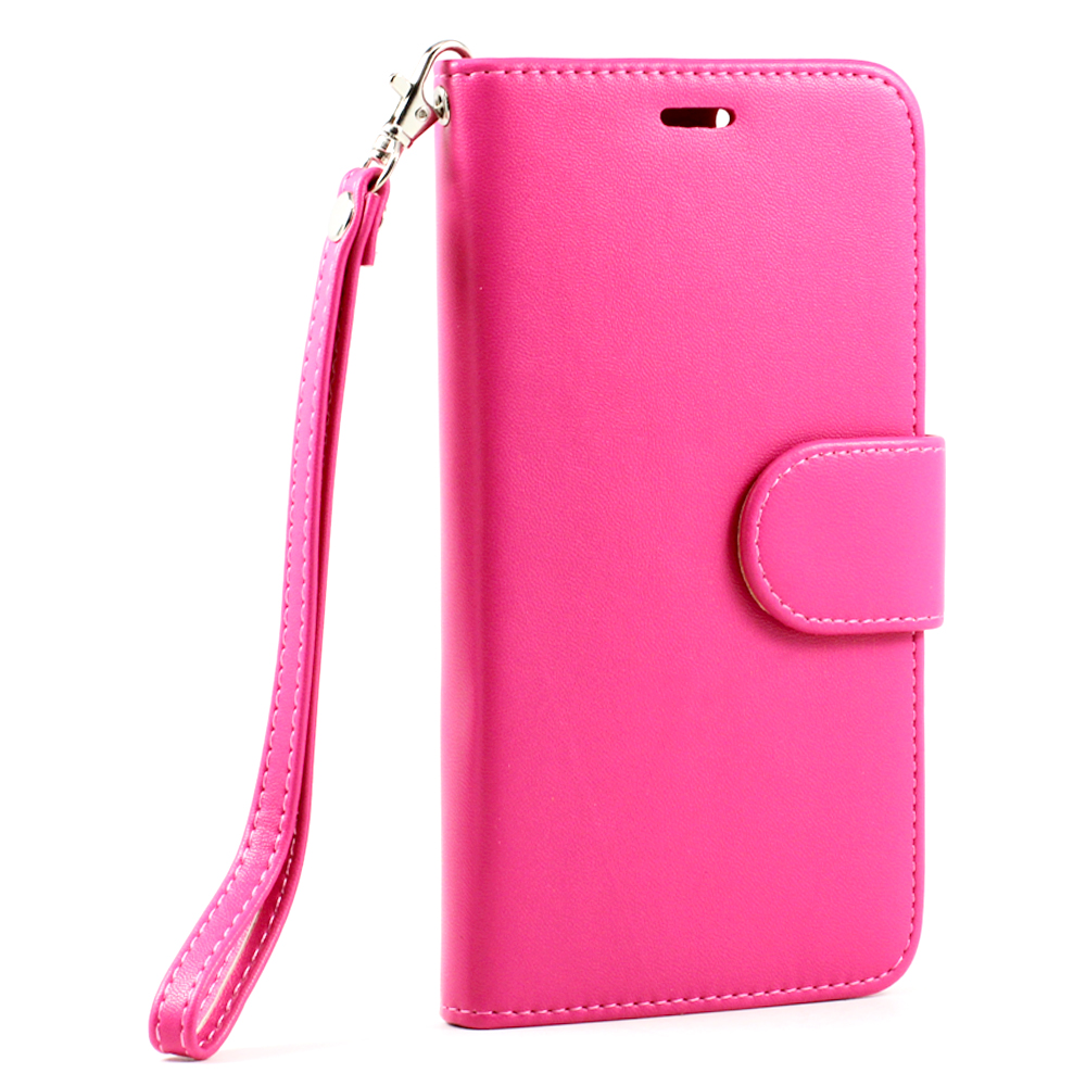 Wholesale iPhone 6 Plus 5.5 Folio Flip Leather Wallet Case with Strap (Hot Pink)