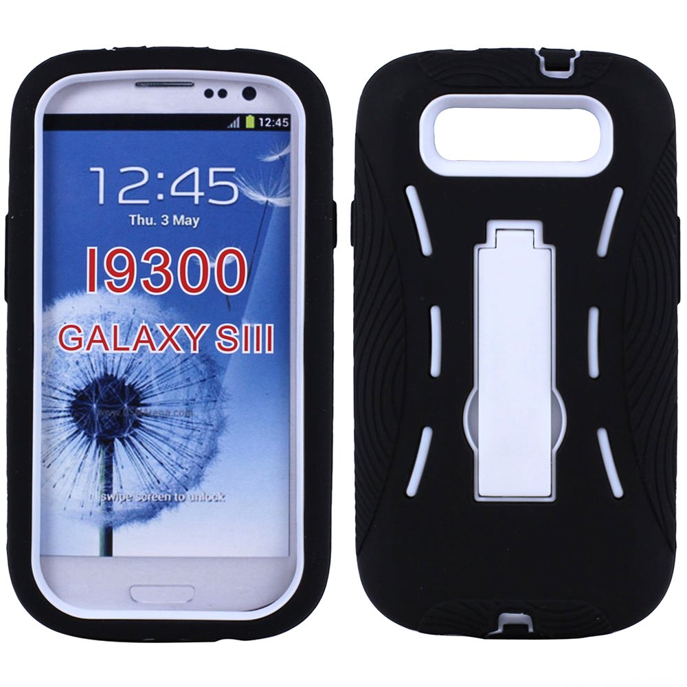 Wholesale Samsung Galaxy S3 / i9300 Armor Hybrid Case with Kickstand  (Black-White)