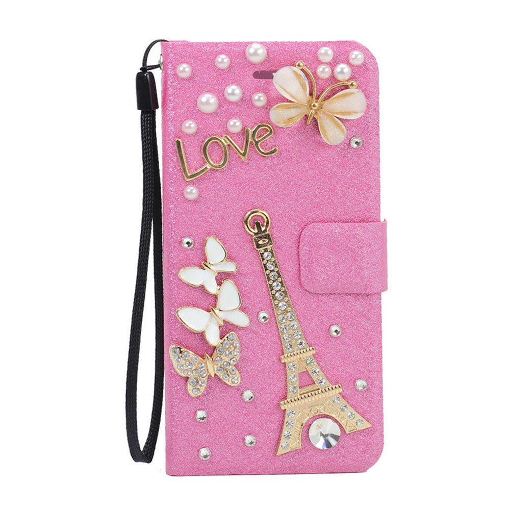 Wholesale Galaxy S6 Edge Crystal Flip Leather Wallet Case with Strap (Eiffel Tower Hot Pink)