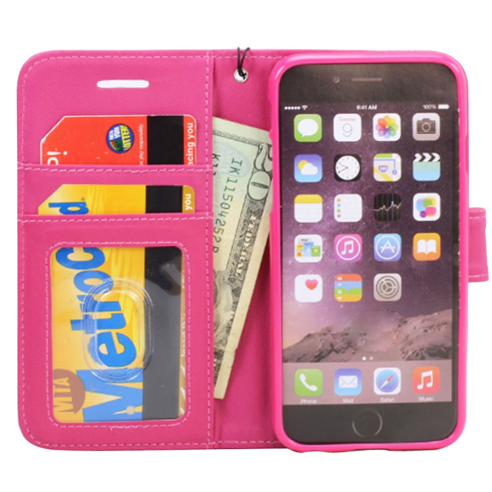 Wholesale iPhone 7 Plus Folio Flip Leather Wallet Case with Strap (Hot Pink)