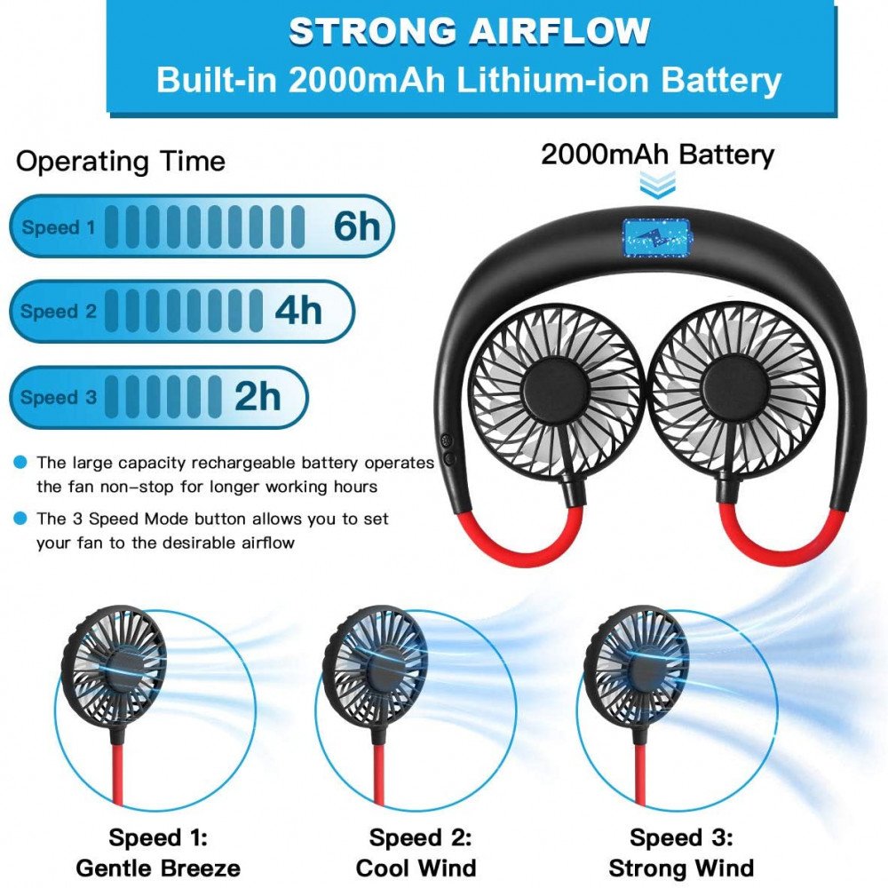 Office and Outdoor Rechargeable Portable Headphone Design Wearable Neckband Fan，3 Level Air Flow，7 LED Lights，360 Degree Free Rotation Perfect for Sports Hand Free Mini USB Personal Fan Black 