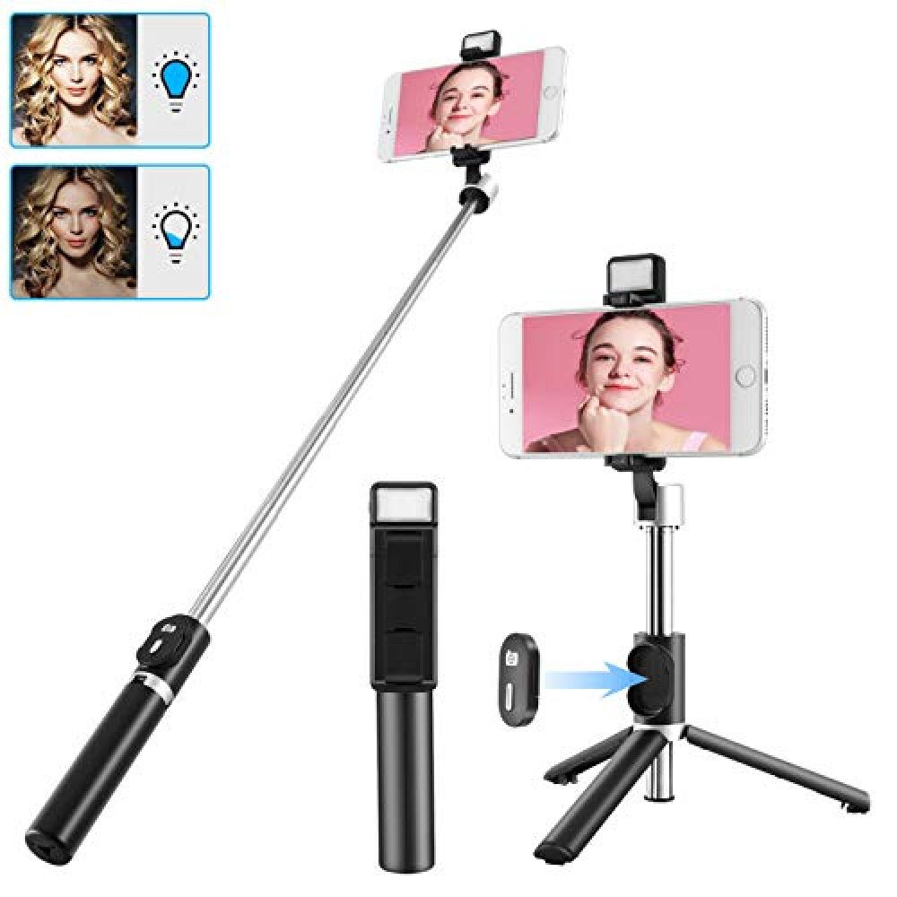 Black Extendable Selfie Stick with Fill Light Wireless Remote and Tripod Stand Portable 6 in 1 Wireless Bluetooth Selfie Stick Compatible with iPhone/Android Samsung Smartphone,More Lightweight 