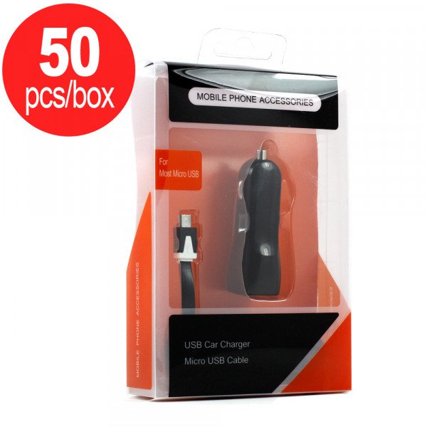 Wholesale 50pc Lot of 2 in 1 Premium Micro USB V8/V9 Car Charger 2 Output 2A - Box Deal