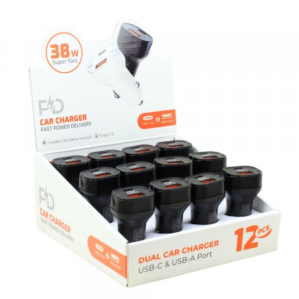 Wholesale 12pc Countertop Display 38W Dual Port USB-A and Type-C Fast Charging Car Charger Adapter for Universal Cell Phone, Device and More (Black)