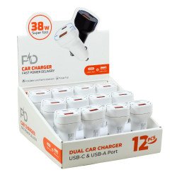 12pc Countertop Display 38W Dual Port USB-A and Type-C Fast Charging Car Charger Adapter for Universal Cell Phone, Device and More (White)