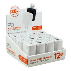 12pc Countertop Display 20W PD Fast Charging Dual Port USB-A and Type-C Wall Charger Adapter for Universal Cell Phone, Device and More (White)
