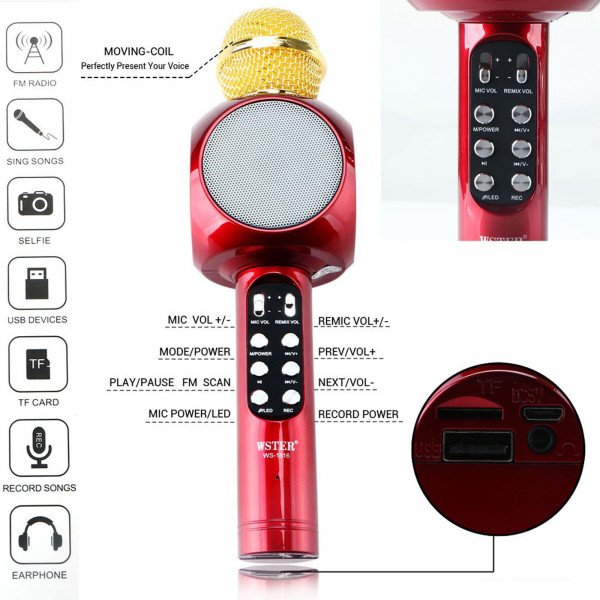 Wholesale Hi-Fi Handheld Karaoke LED Light Wireless Bluetooth Speaker Microphone for iPhone, Cell Phone, Universal Devices 1816 (Red)