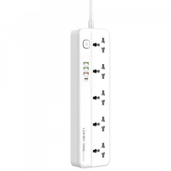 Wholesale Multi Port Power Strip 5 Outlets, 3 USBA PD/QC 3.0 Ports and 1 USBC 20W PD, with Switch Button SC5415 for Universal Cell Phone And Devices (White)