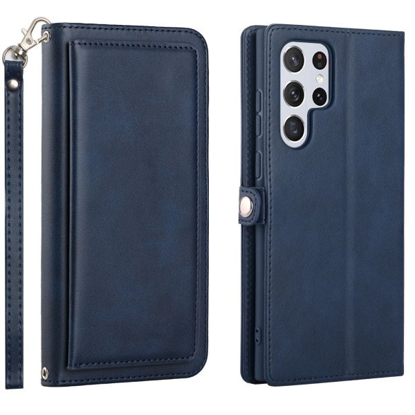 Wholesale Premium PU Leather Folio Wallet Front Cover Case with Card Holder Slots and Wrist Strap for Samsung Galaxy S23 Ultra 5G (Navy Blue)