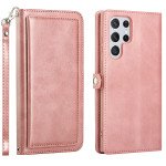 Wholesale Premium PU Leather Folio Wallet Front Cover Case with Card Holder Slots and Wrist Strap for Samsung Galaxy S23 Ultra 5G (Rose Gold)