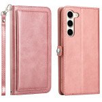 Wholesale Premium PU Leather Folio Wallet Front Cover Case with Card Holder Slots and Wrist Strap for Samsung Galaxy S23 5G (Rose Gold)