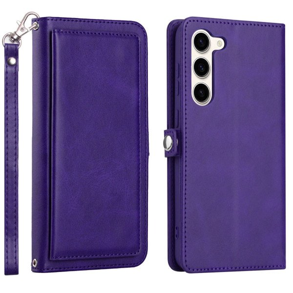 Wholesale Premium PU Leather Folio Wallet Front Cover Case with Card Holder Slots and Wrist Strap for Samsung Galaxy S23 5G (Purple)