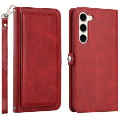 Premium PU Leather Folio Wallet Front Cover Case with Card Holder Slots and Wrist Strap for Samsung Galaxy S23 Plus 5G (Red)