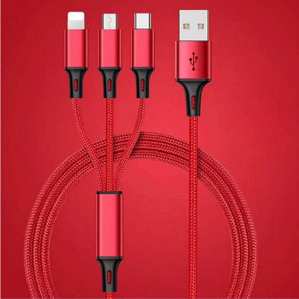 Wholesale 3-in-1 Nylon Strong Charge and Sync USB Cable 2.4A with Type-C, Micro V8V9, iPhone IP Lighting Port 6FT for Universal Cell Phone, Device and More (Red)