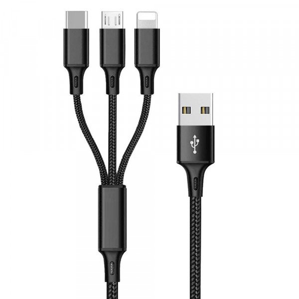 Wholesale 3-in-1 Nylon Strong Charge and Sync USB Cable 2.4A with Type-C, Micro V8V9, iPhone IP Lighting Port 6FT for Universal Cell Phone, Device and More (Black)