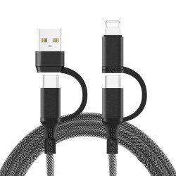 60W USB C 4 in 1 Multiple Ports Nylon Braided PD & QC 3A Fast Charging Cord USB-A/C to Type C/IP Lighting Connectors Universal Sync 3FT Charging Adapter Cable for Universal USB Type-C and Apple Devices (Black)