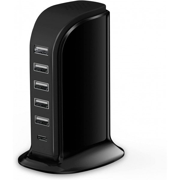 Wholesale 6 Multi Ports Charger Station with Type C Output and Up to 40W Fast Charging for Universal Cell Phone And Devices (Black)