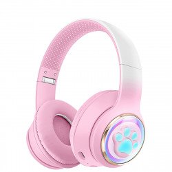 Cute Cat Paw LED Light Bluetooth Headphones - Over-Ear Gaming Headset for PC, Phone & Tablet AKZ61 for Universal Cell Phone And Bluetooth Device (Pink)