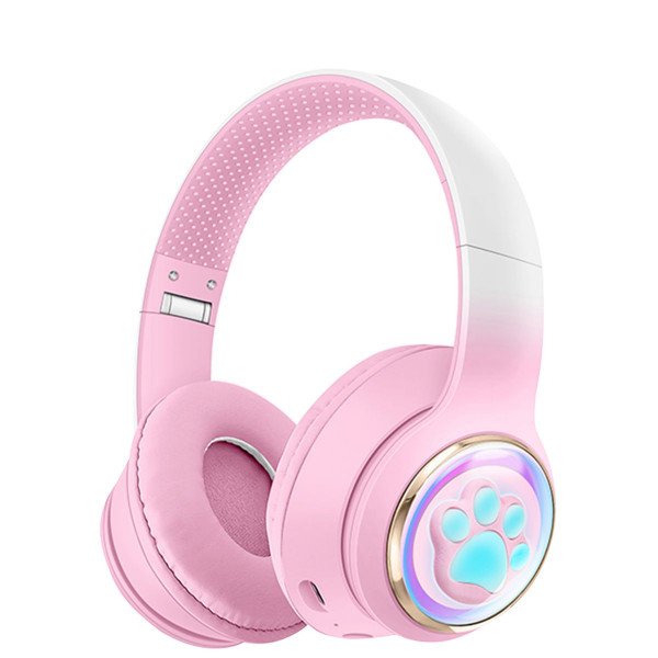 Wholesale Cute Cat Paw LED Light Bluetooth Headphones - Over-Ear Gaming Headset for PC, Phone & Tablet AKZ61 for Universal Cell Phone And Bluetooth Device (Pink)