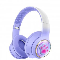 Cute Cat Paw LED Light Bluetooth Headphones - Over-Ear Gaming Headset for PC, Phone & Tablet AKZ61 for Universal Cell Phone And Bluetooth Device (Purple)