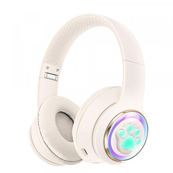 Wholesale Cute Cat Paw LED Light Bluetooth Headphones - Over-Ear Gaming Headset for PC, Phone & Tablet AKZ61 for Universal Cell Phone And Bluetooth Device (White)