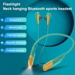 Wholesale Neck Band Earphone Bluetooth Wireless Sports Music Headset Earbuds Headphone With Bright Flashlight Function AKZR11 for Universal Cell Phone And Bluetooth Device (Green)