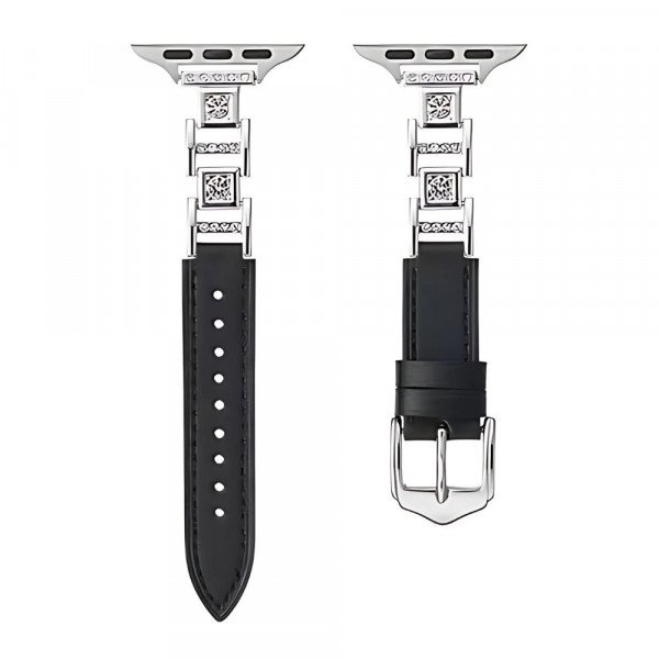 Wholesale Slim Diamond Jewel PU Leather Watch Band - Elegant Women s Strap Bracelet Accessory for Apple Watch Series Ultra2/Ultra1/10/9/8/7/6/5/4/3/2/1/SE - 49MM/45MM/44MM/42MM (Black / Silver)