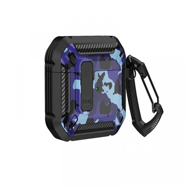 Wholesale Premium Camo Design Strong Armor Hybrid Clip Lock Airpod Case Cover With Keychain Holder for Apple Airpod 2 / 1 (Blue)
