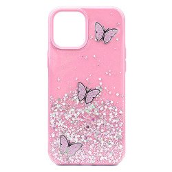 Glitter Jewel Butterfly Double Layer Hybrid Case Cover for Apple iPhone 12 / 12 Pro 6.1 (Hot Pink)