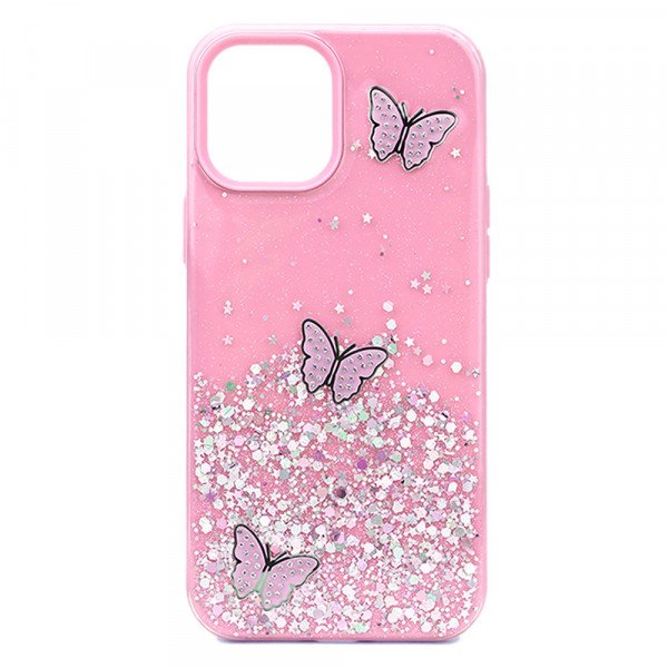 Wholesale Glitter Jewel Butterfly Double Layer Hybrid Case Cover for Apple iPhone 12 / 12 Pro 6.1 (Hot Pink)