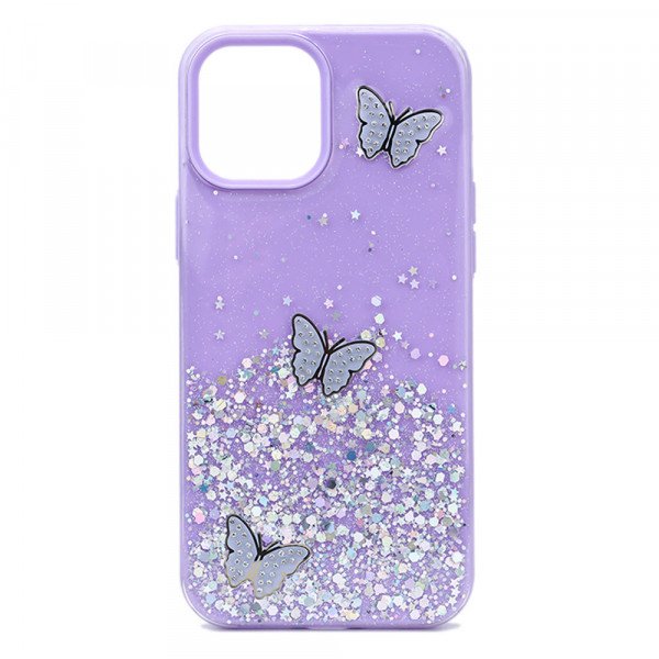 Wholesale Glitter Jewel Butterfly Double Layer Hybrid Case Cover for Apple iPhone 12 / 12 Pro 6.1 (Purple)