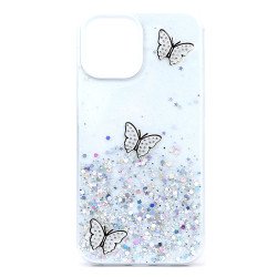 Glitter Jewel Butterfly Double Layer Hybrid Case Cover for Apple iPhone 12 / 12 Pro 6.1 (White)