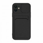 Wholesale Silicone Card Slot Holder Sleeve Case with Camera Lens Protector Cover for Apple iPhone 12 / 12 Pro 6.1 (Black)