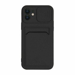 Silicone Card Slot Holder Sleeve Case with Camera Lens Protector Cover for Apple iPhone 12 / 12 Pro 6.1 (Black)