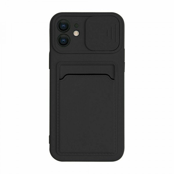 Wholesale Silicone Card Slot Holder Sleeve Case with Camera Lens Protector Cover for Apple iPhone 12 / 12 Pro 6.1 (Black)