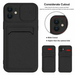Silicone Card Slot Holder Sleeve Case with Camera Lens Protector Cover for Apple iPhone 12 Pro Max (Black)