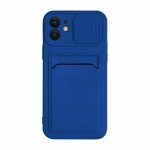 Wholesale Silicone Card Slot Holder Sleeve Case with Camera Lens Protector Cover for Apple iPhone 12 Pro Max (Navy Blue)