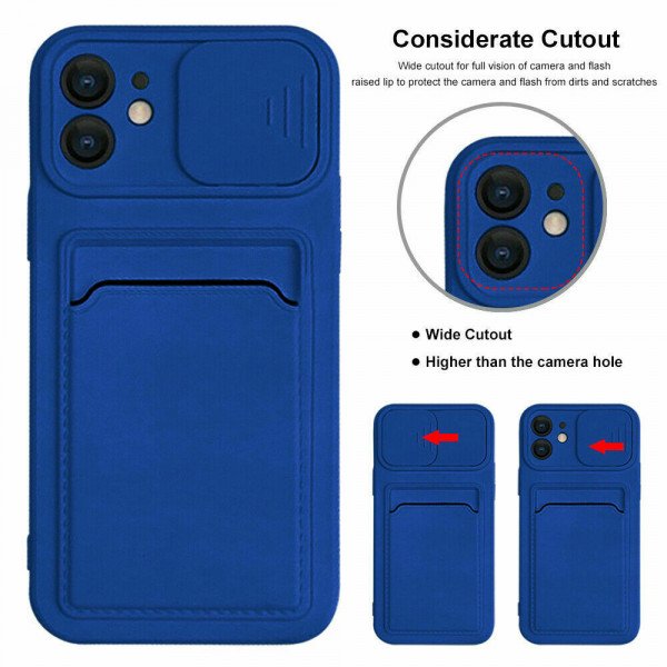 Wholesale Silicone Card Slot Holder Sleeve Case with Camera Lens Protector Cover for Apple iPhone 12 Pro Max (Navy Blue)