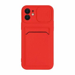 Silicone Card Slot Holder Sleeve Case with Camera Lens Protector Cover for Apple iPhone 12 / 12 Pro 6.1 (Red)