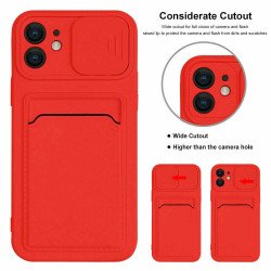 Silicone Card Slot Holder Sleeve Case with Camera Lens Protector Cover for Apple iPhone 12 Pro Max (Red)