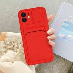 Wholesale Silicone Card Slot Holder Sleeve Case with Camera Lens Protector Cover for Apple iPhone 12 Pro Max (Red)