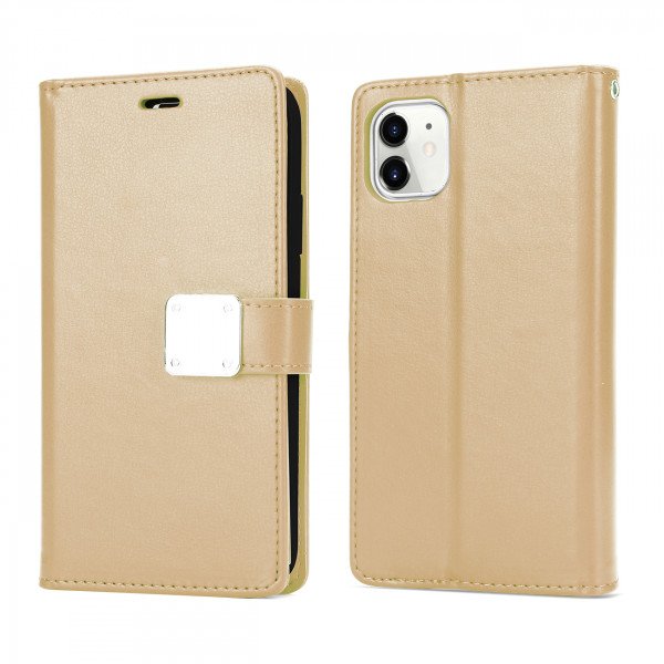 Wholesale Multi Pockets Folio Flip Leather Wallet Case with Strap for Apple iPhone 13 Pro Max (6.7) (Gold)