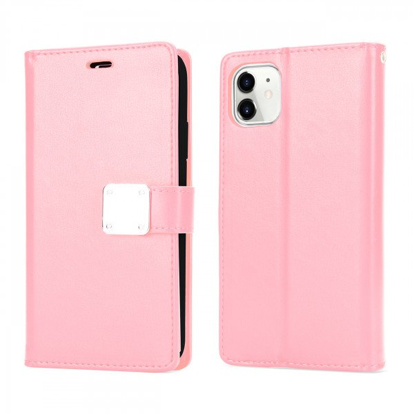 Wholesale Multi Pockets Folio Flip Leather Wallet Case with Strap for Apple iPhone 13 Pro Max (6.7) (Rose Gold)