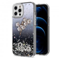 Jewel Glitter 3D Flower Love Crystal Armor Hybrid Case for Apple iPhone 12 / 12 Pro 6.1 (Black)