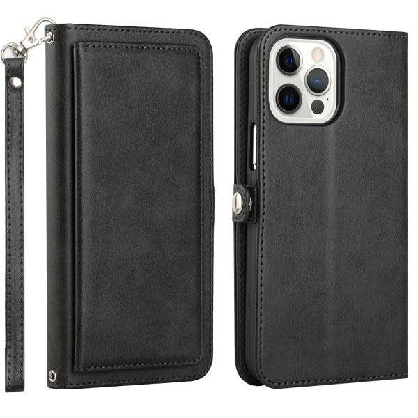 Wholesale Double Layer Card Slots Flip Wallet Case with Strap and Stand for Apple iPhone 13 Pro [6.1] (Black)