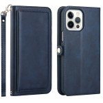 Wholesale Double Layer Card Slots Flip Wallet Case with Strap and Stand for Apple iPhone 13 Pro Max [6.7] (Navy Blue)