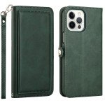 Wholesale Double Layer Card Slots Flip Wallet Case with Strap and Stand for Apple iPhone 13 Pro [6.1] (Green)