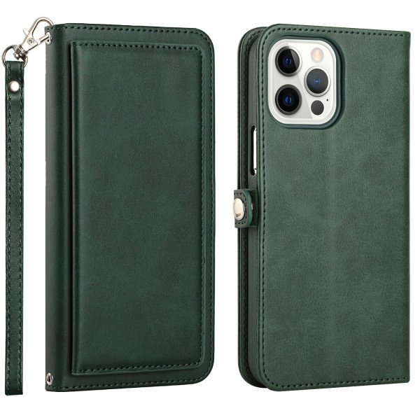 Wholesale Double Layer Card Slots Flip Wallet Case with Strap and Stand for Apple iPhone 13 Pro Max [6.7] (Green)