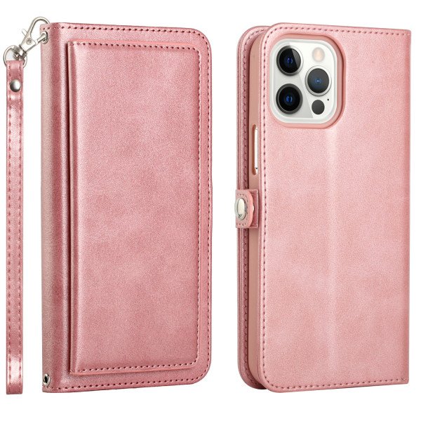 Wholesale Double Layer Card Slots Flip Wallet Case with Strap and Stand for Apple iPhone 13 Pro Max [6.7] (Rose Gold)